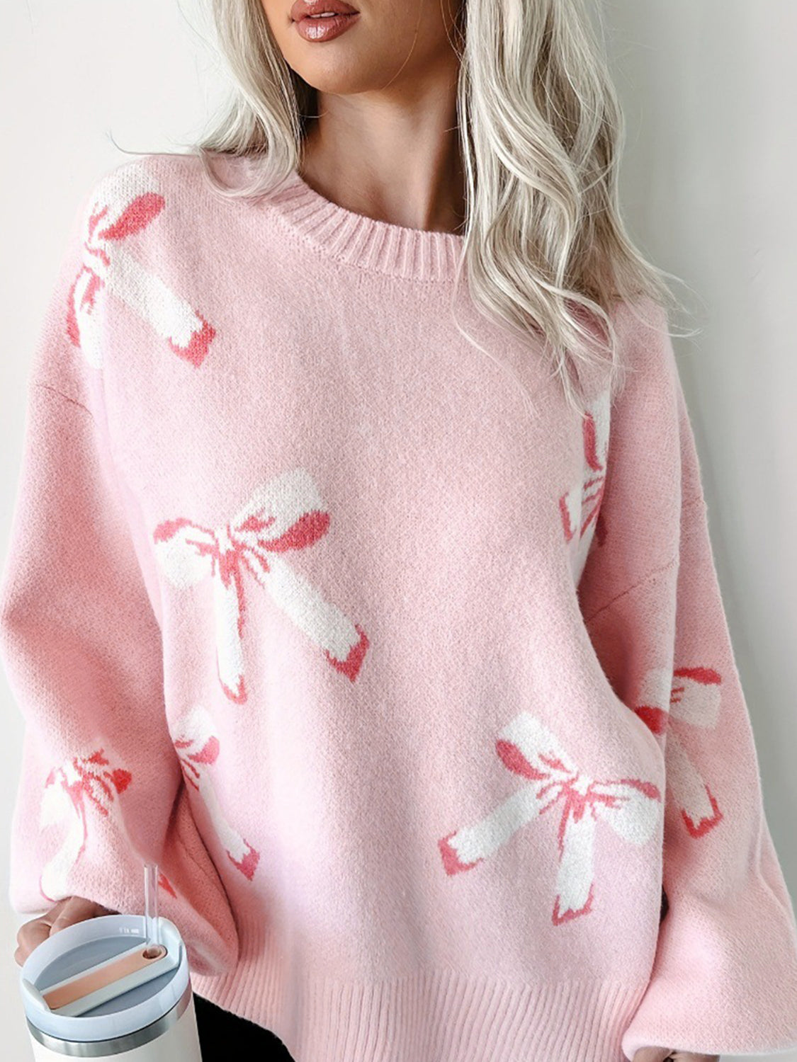 Bow Round Neck Long Sleeve Sweater choice of colors