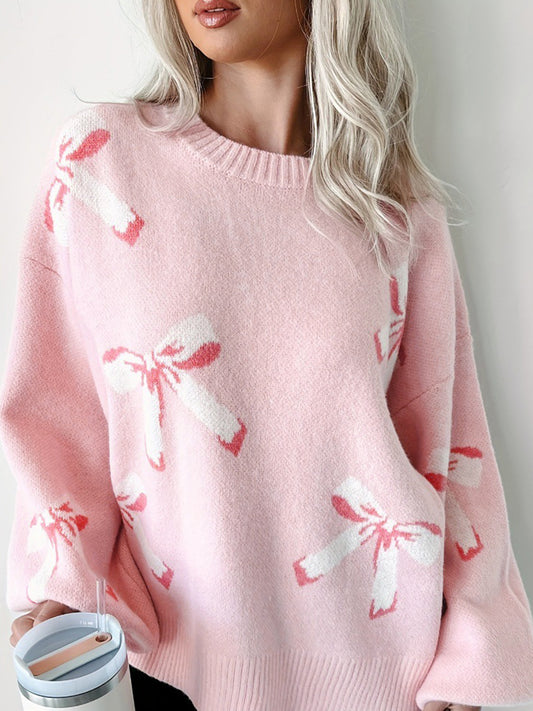 Bow Round Neck Long Sleeve Sweater choice of colors