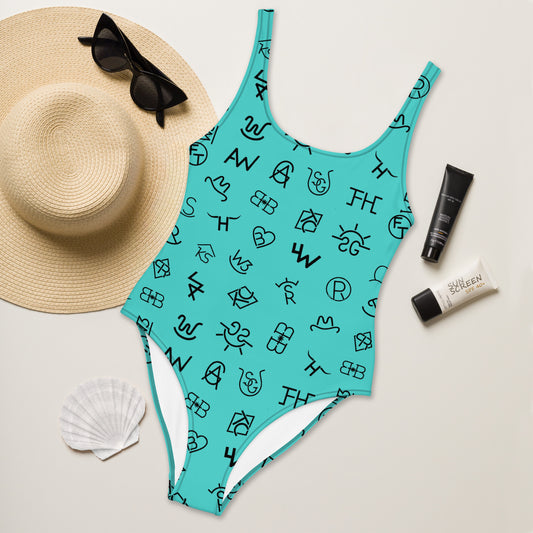 Yeehaw Turquoise Cattle Brands One-Piece Swimsuit