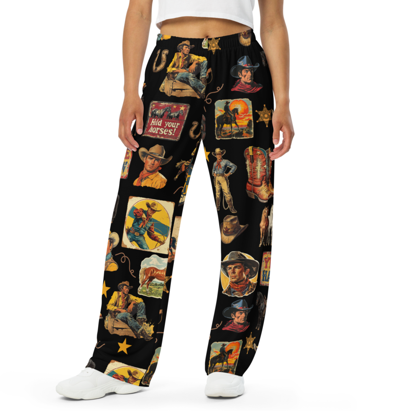 Vintage Cowboy Collage Wide Leg Unisex Lounge Pants