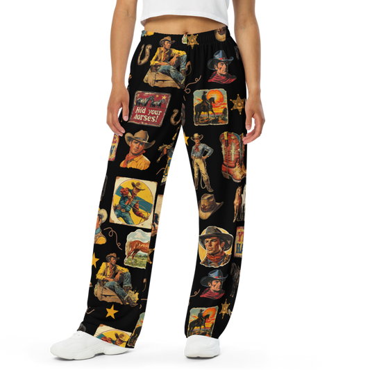 Vintage Cowboy Collage Wide Leg Unisex Lounge Pants