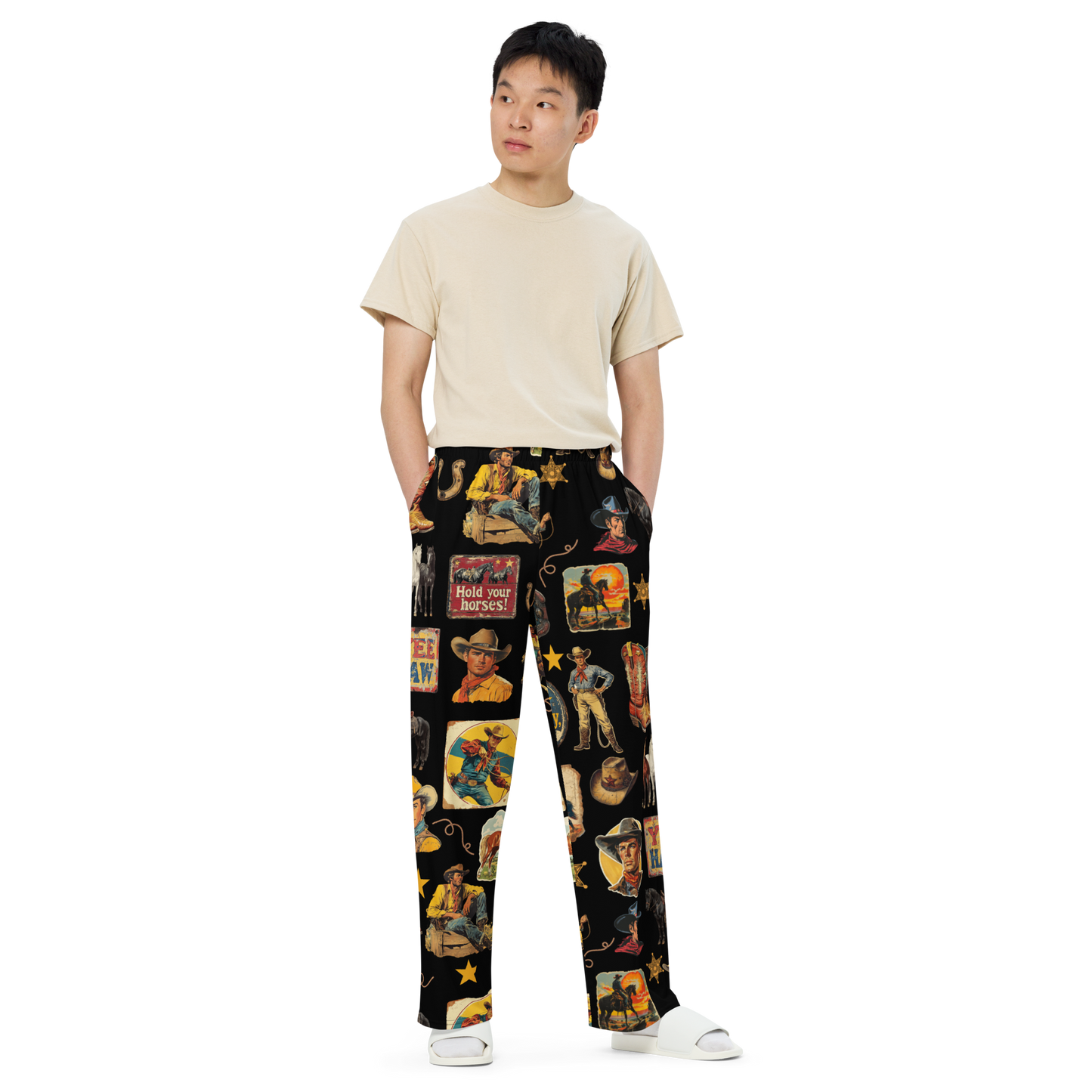 Vintage Cowboy Collage Wide Leg Unisex Lounge Pants