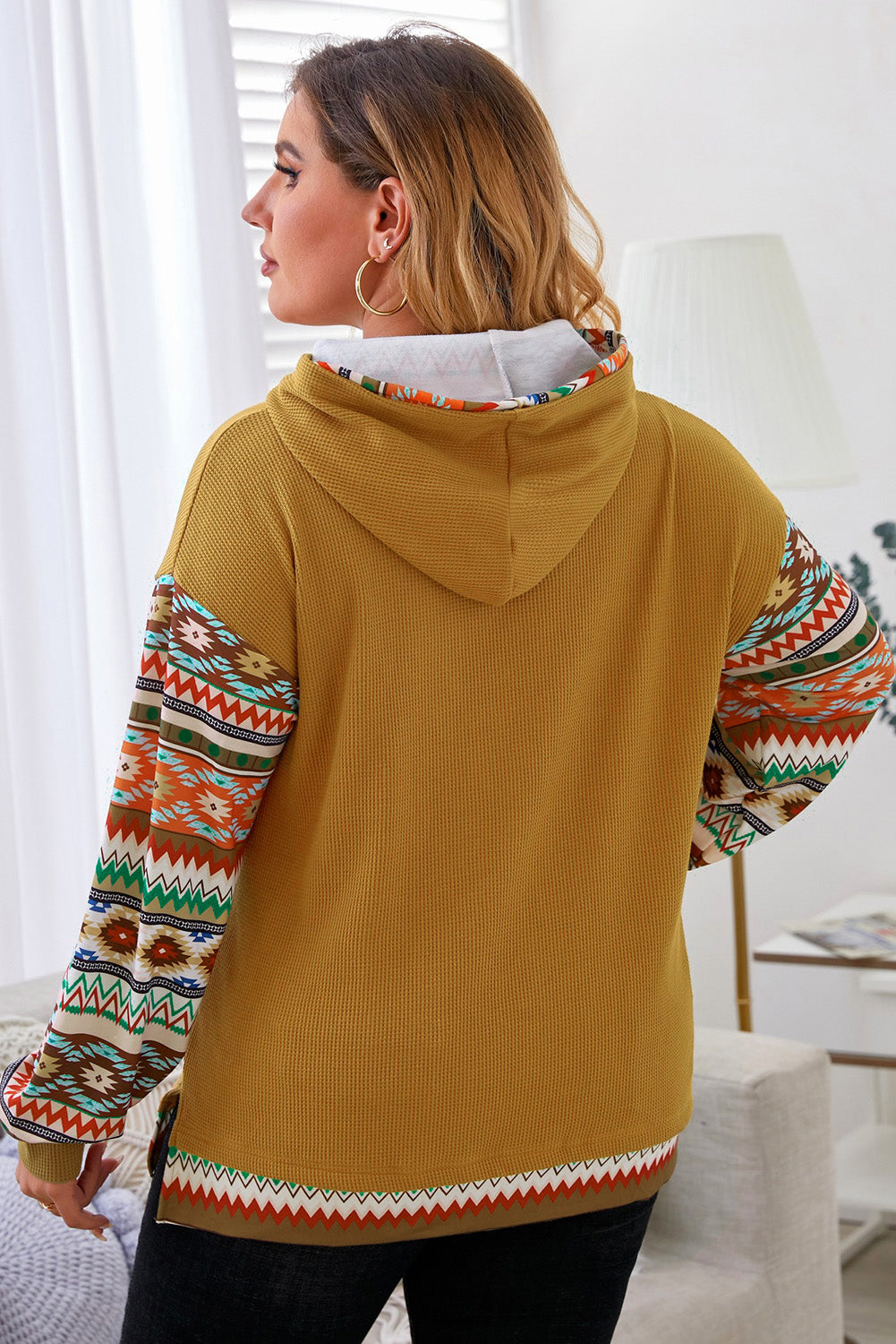 Plus Size Waffle-Knit Aztec Dropped Shoulder Hoodie