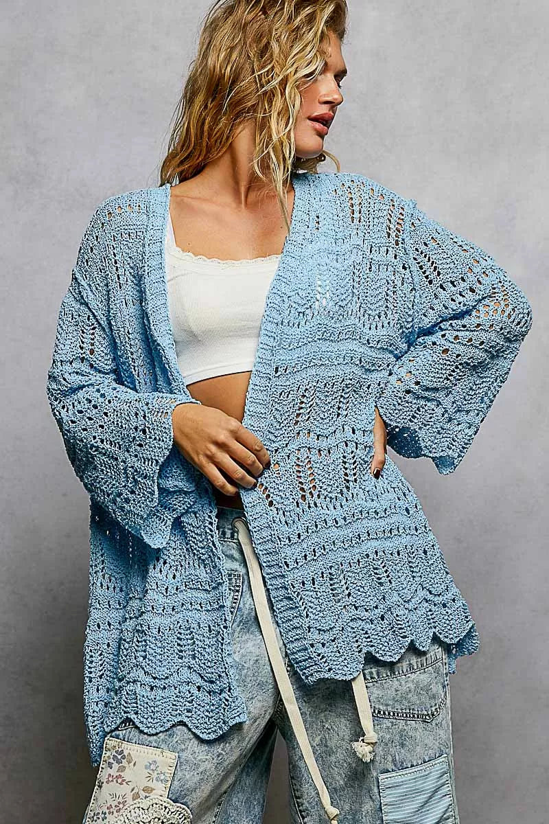 POL Openwork Crochet Lightweight Open Front Cardigan with