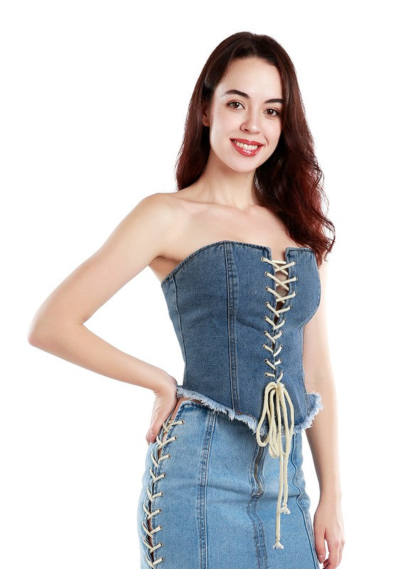 Giddy Up Lace Up Denim Corset Top