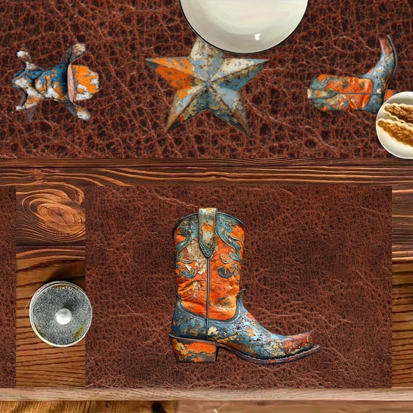 7 Pieces Rustic Ranch Western Cowboy Table Runner and Placemats Set Made in USA