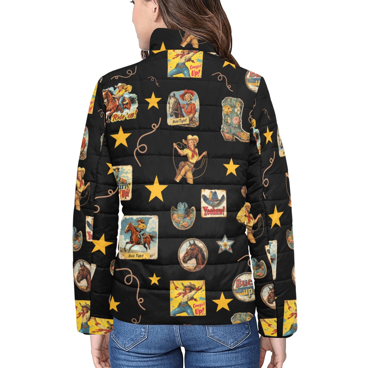 Vintage Cowgirl Collage Western Puffy Jacket