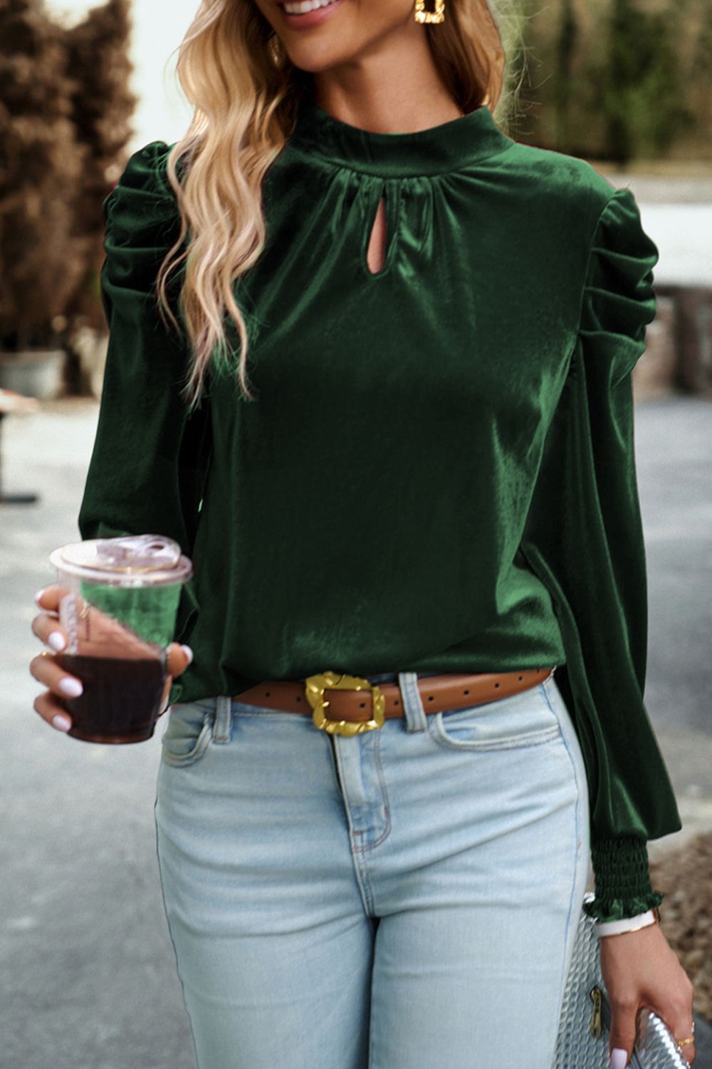 Mock Neck Puff Sleeve Velvet Blouse