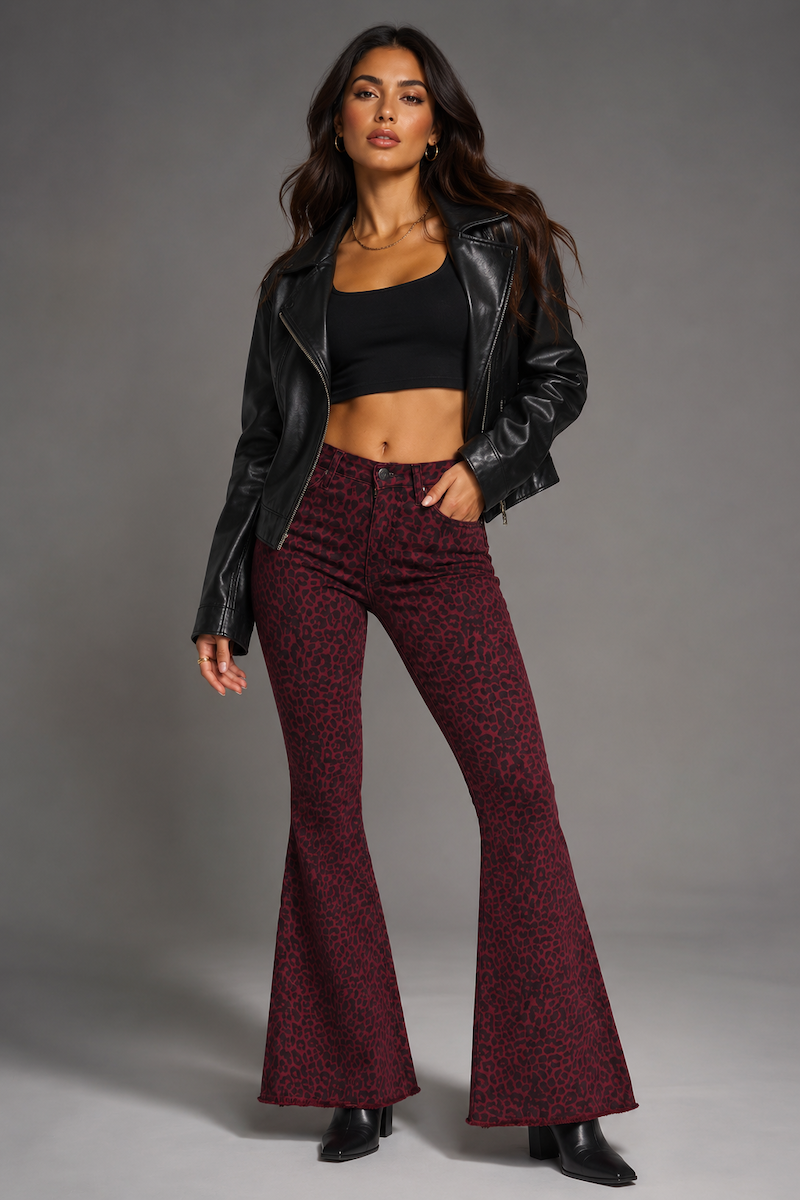 GJG Leopard Print Bell Bottom Pant in Burgundy