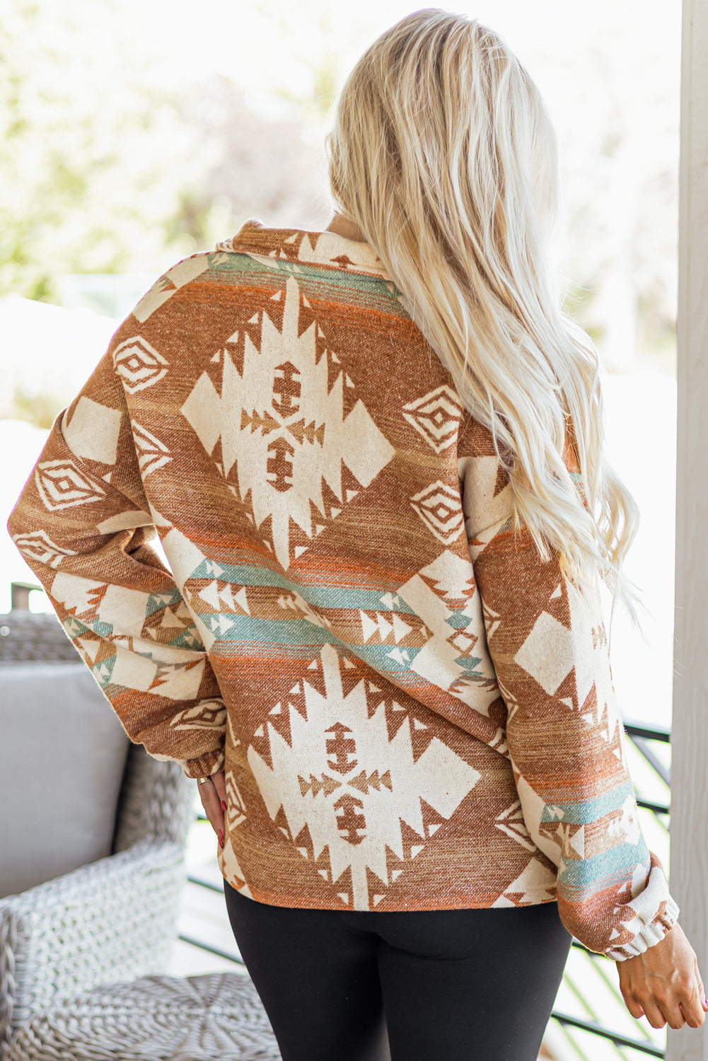 Western Aztec Quarter-Zip Elastic Cuffs Sweatshirt