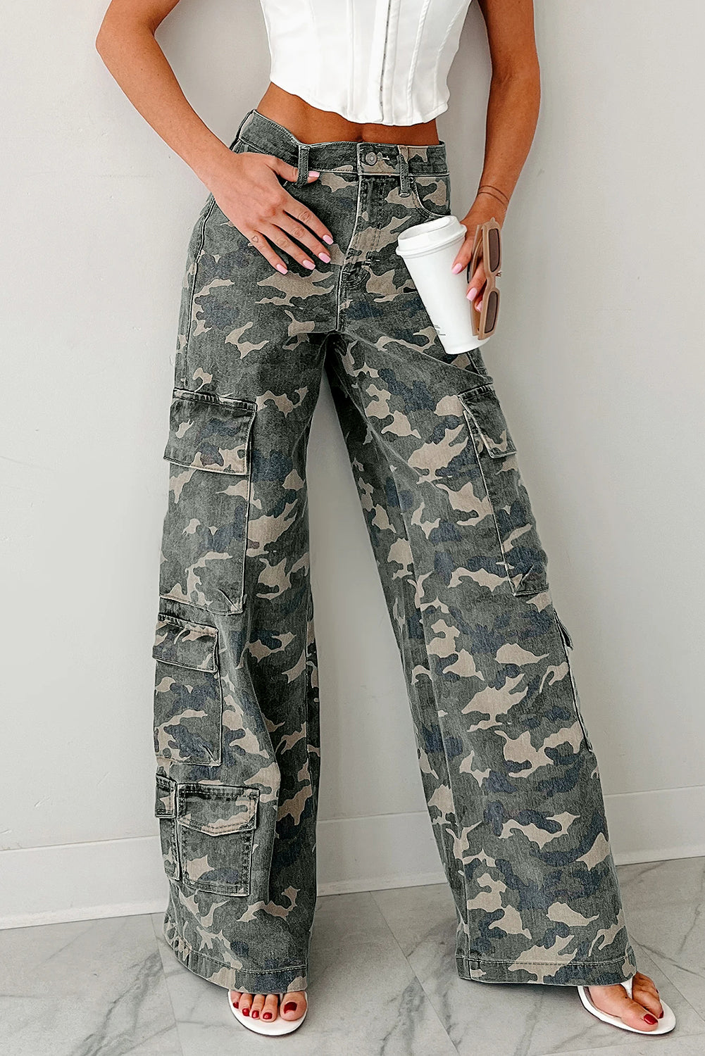 Camo Denim Cargo Wide Leg Pants choice of colors