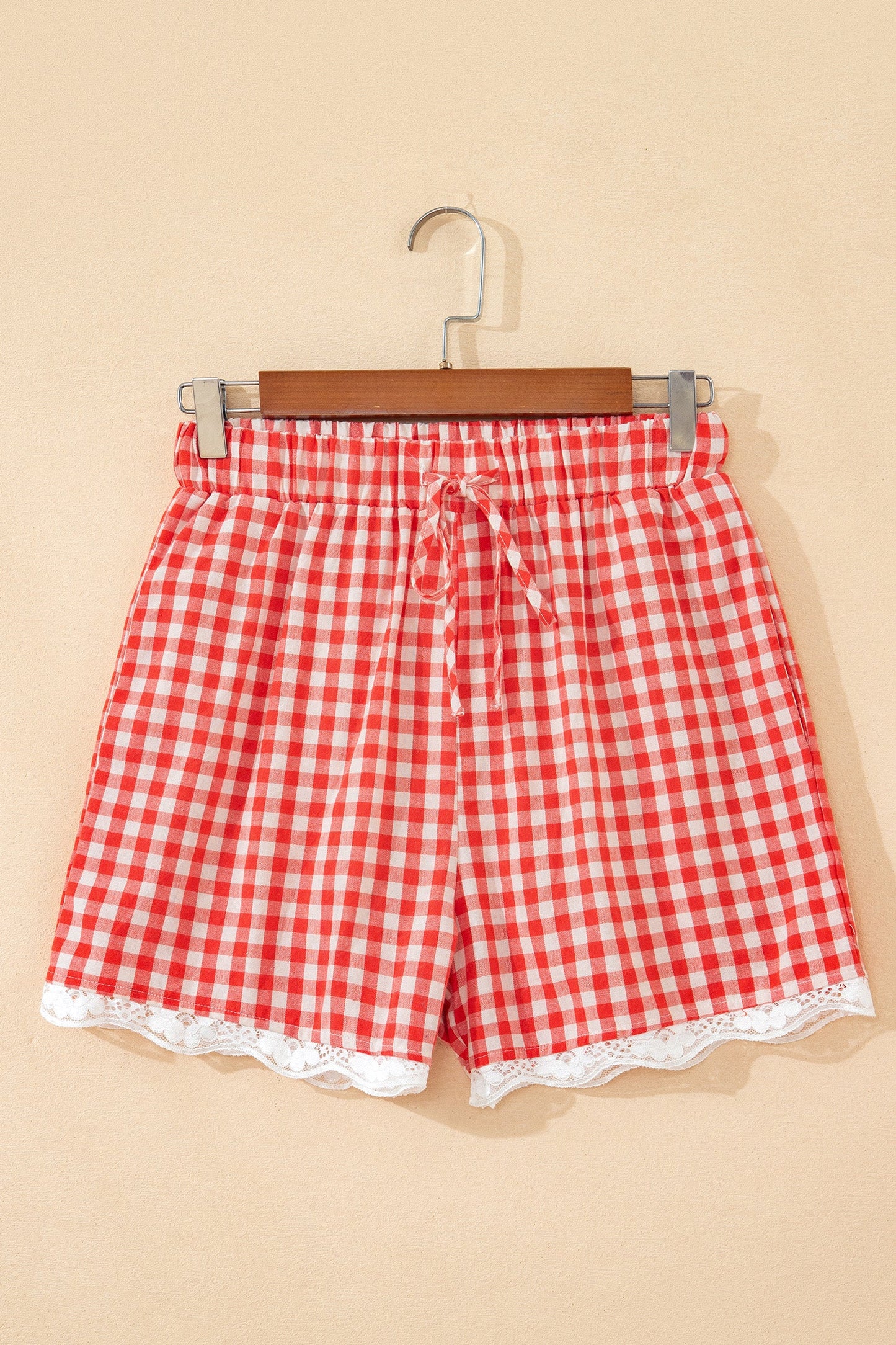 Gingham Plaid Tie Waist Lace Hem Shorts