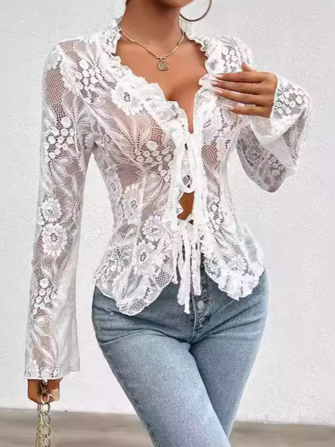 Tied V-Neck Long Sleeve Lace Top choice of colors