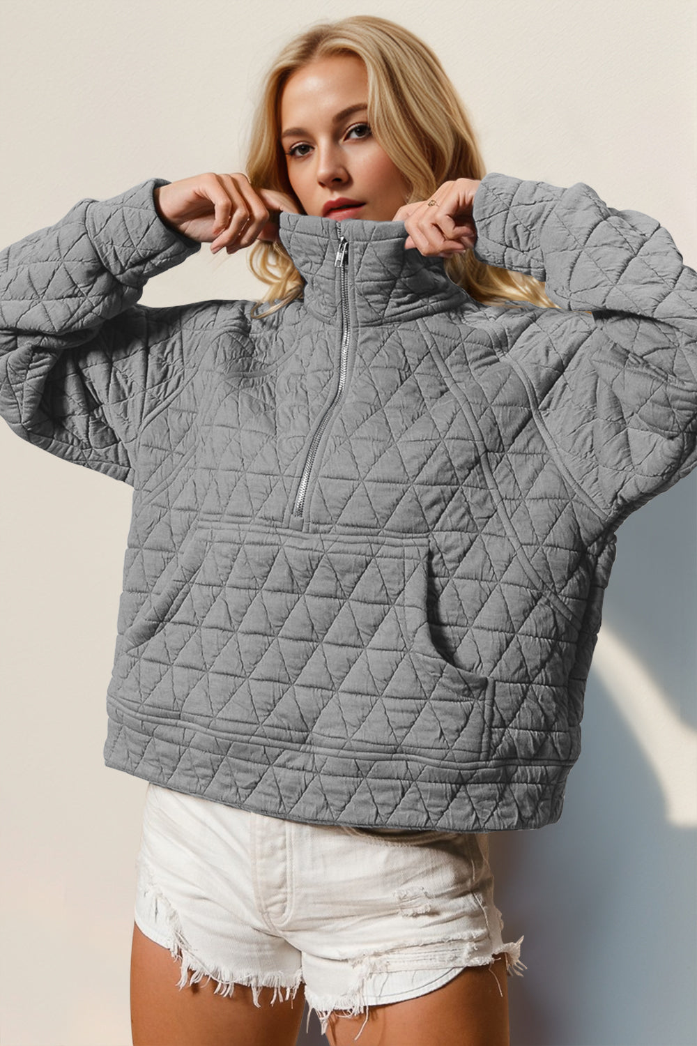 Double Take Half Zip Long Sleeve Quilted Sweatshirt with Pocket choice of colors