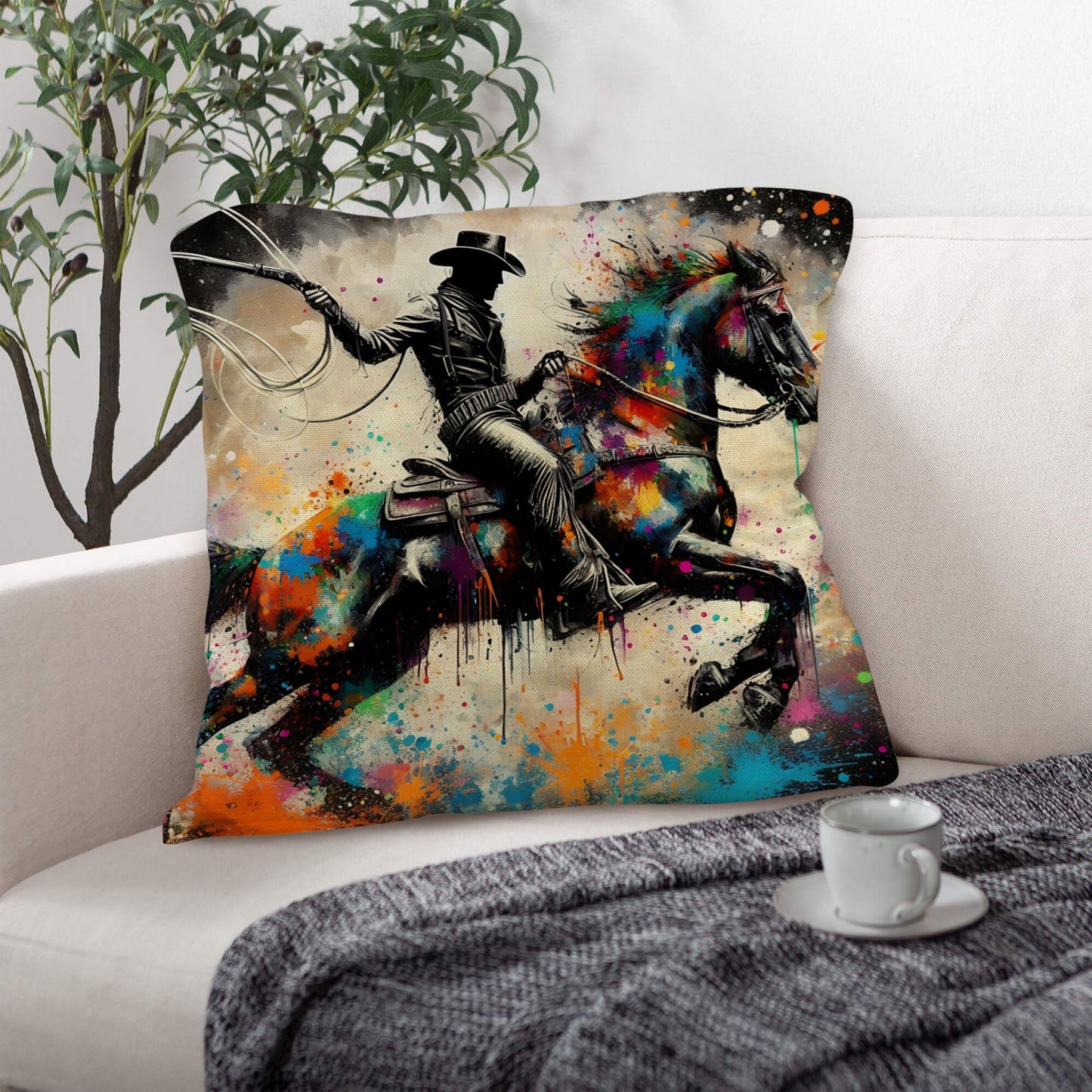 Painted Cowboy Throw Pillo Case Made in America