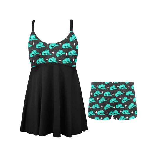 Turquoise Hat Swim Dress & Shorts Set