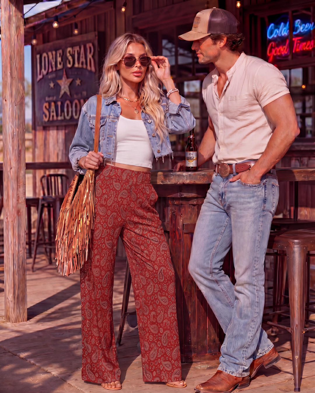 Baha Ranch Red Paisley Bandana Print High Waisted Wide Leg Pants