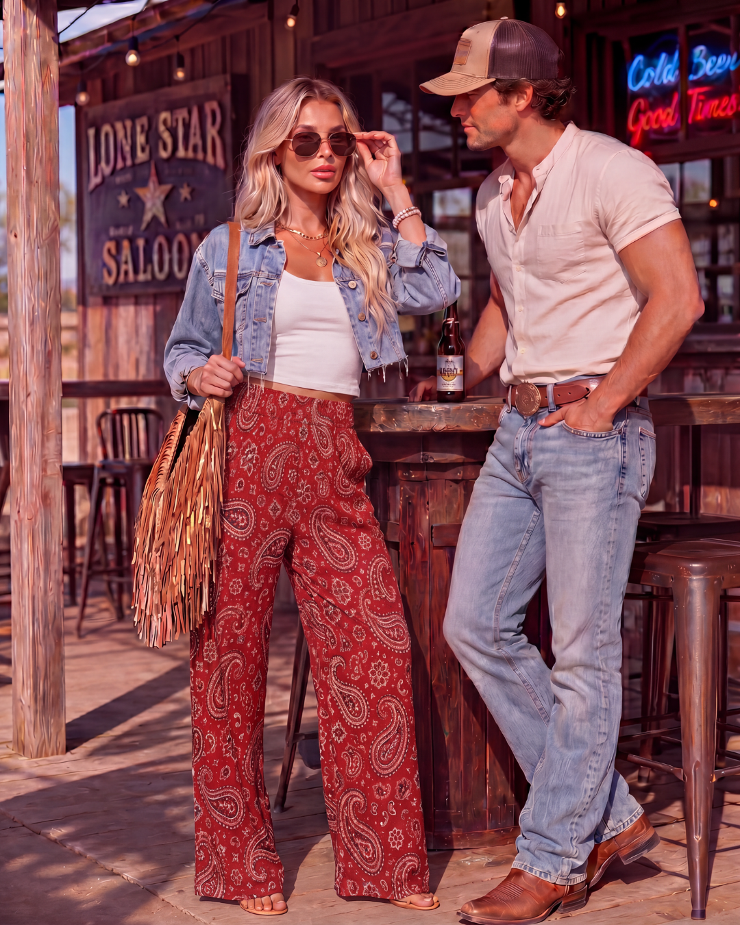 Baha Ranch Red Paisley Bandana Large Print High Waisted Wide Leg Pants