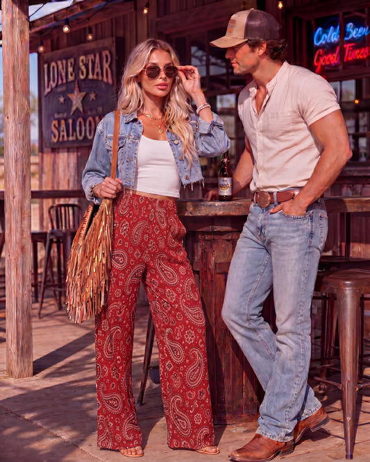 Baha Ranch Red Paisley Bandana Large Print High Waisted Wide Leg Pants