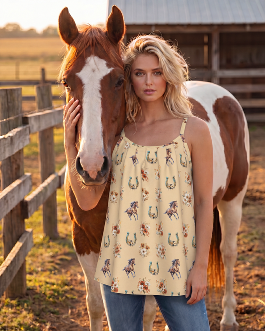 Baha Ranch Country Floral Gathered Tank Top with Straps