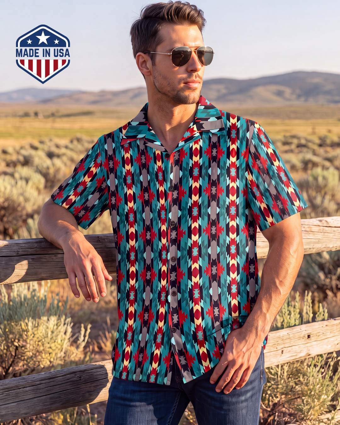 Baha Ranch Jade Aztec Hawaiian Shirt Made in America