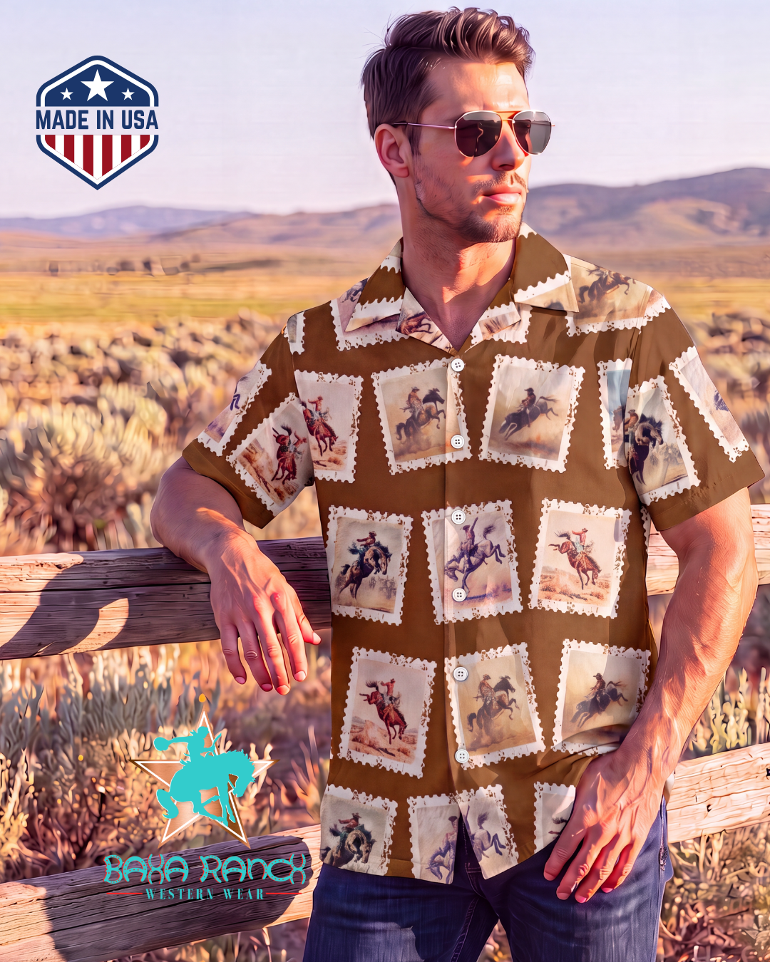 Baha Ranch Stamp Rodeo Western Hawaiian Shirt Made in America