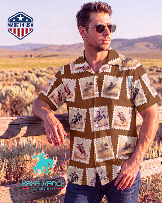 Baha Ranch Stamp Rodeo Western Hawaiian Shirt Made in America