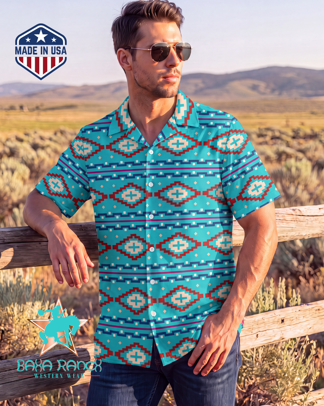 Baha Ranch Aqua Aztec Men's Camp Shirt Made in America