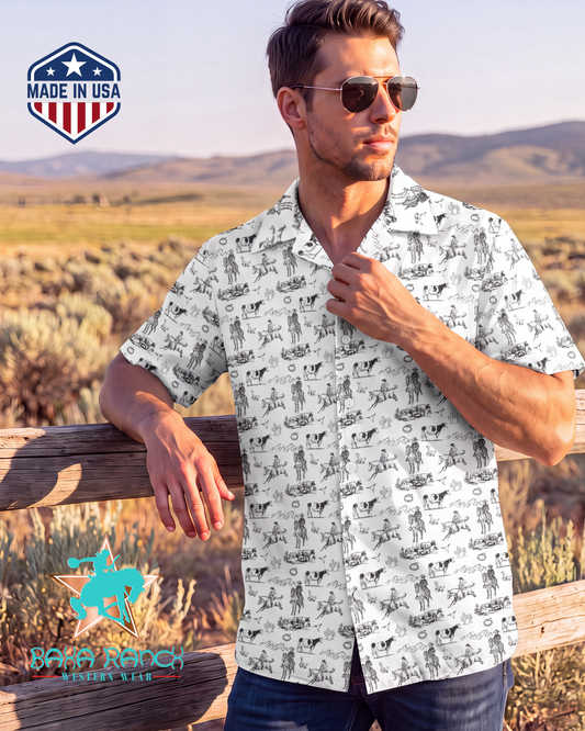 Baha Ranch Ranch Life in White Hawaiian Shirt Made in America