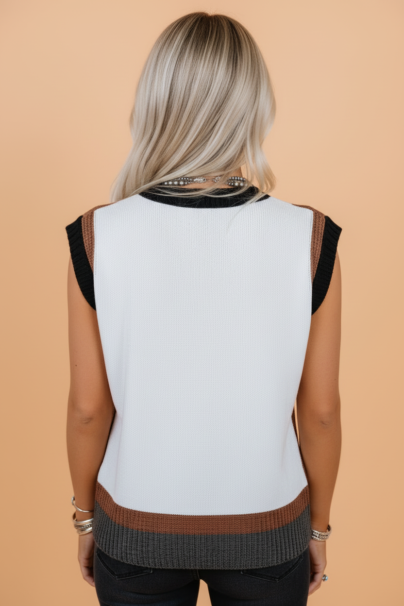 Western Horse Colorblock Trim Sleeveless Sweater Top