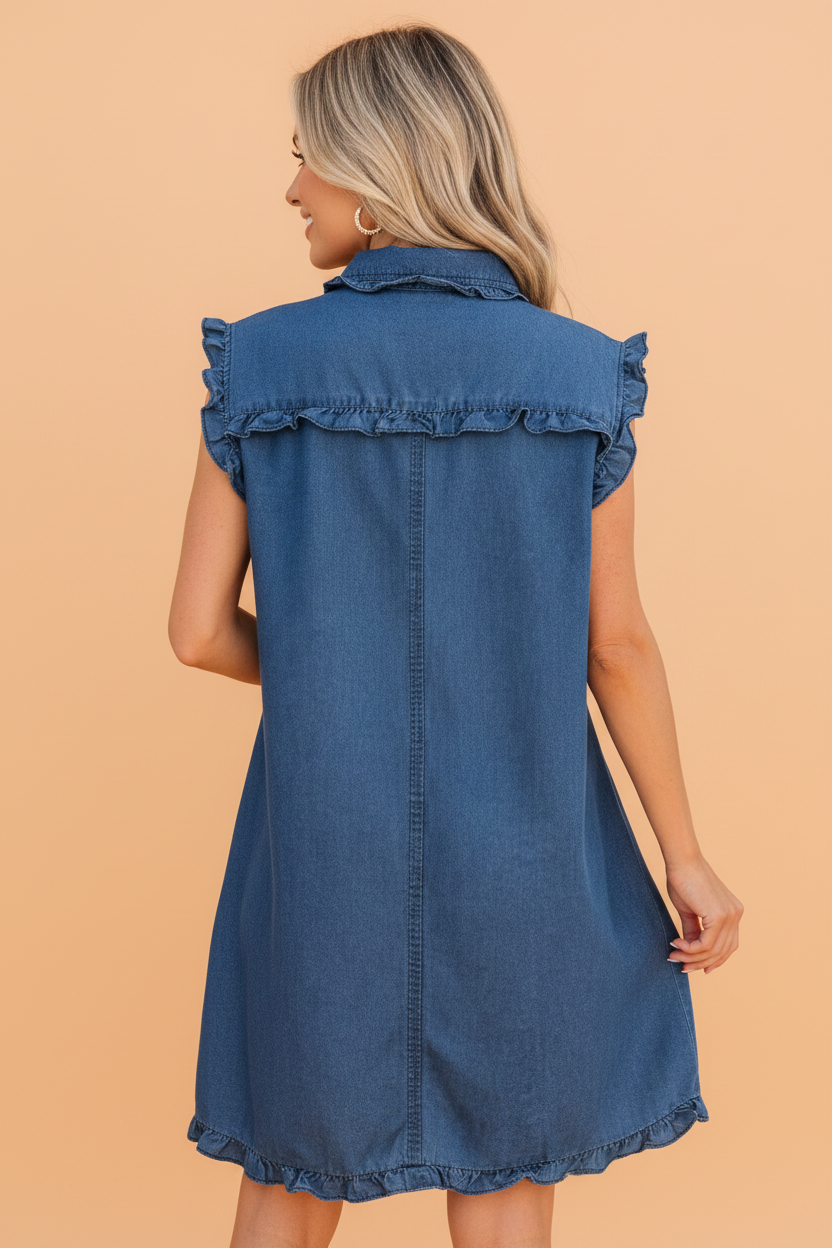 Denim Ruffle Edge Collared Button Up Dress