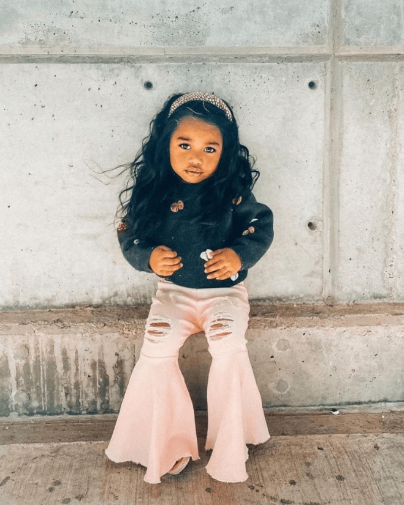 Barbie Pleated Denim Bell Bottoms - PowerPuff Distressed Pink 3-6m