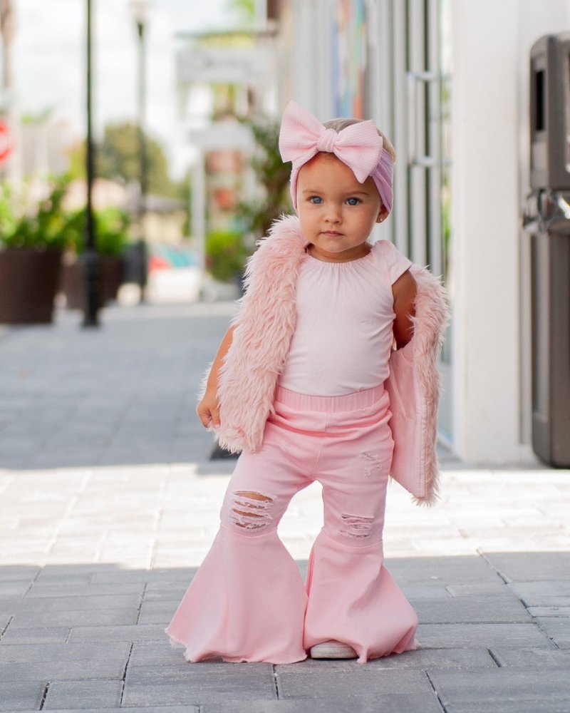 Barbie Pleated Denim Bell Bottoms - PowerPuff Distressed Pink 3-6m