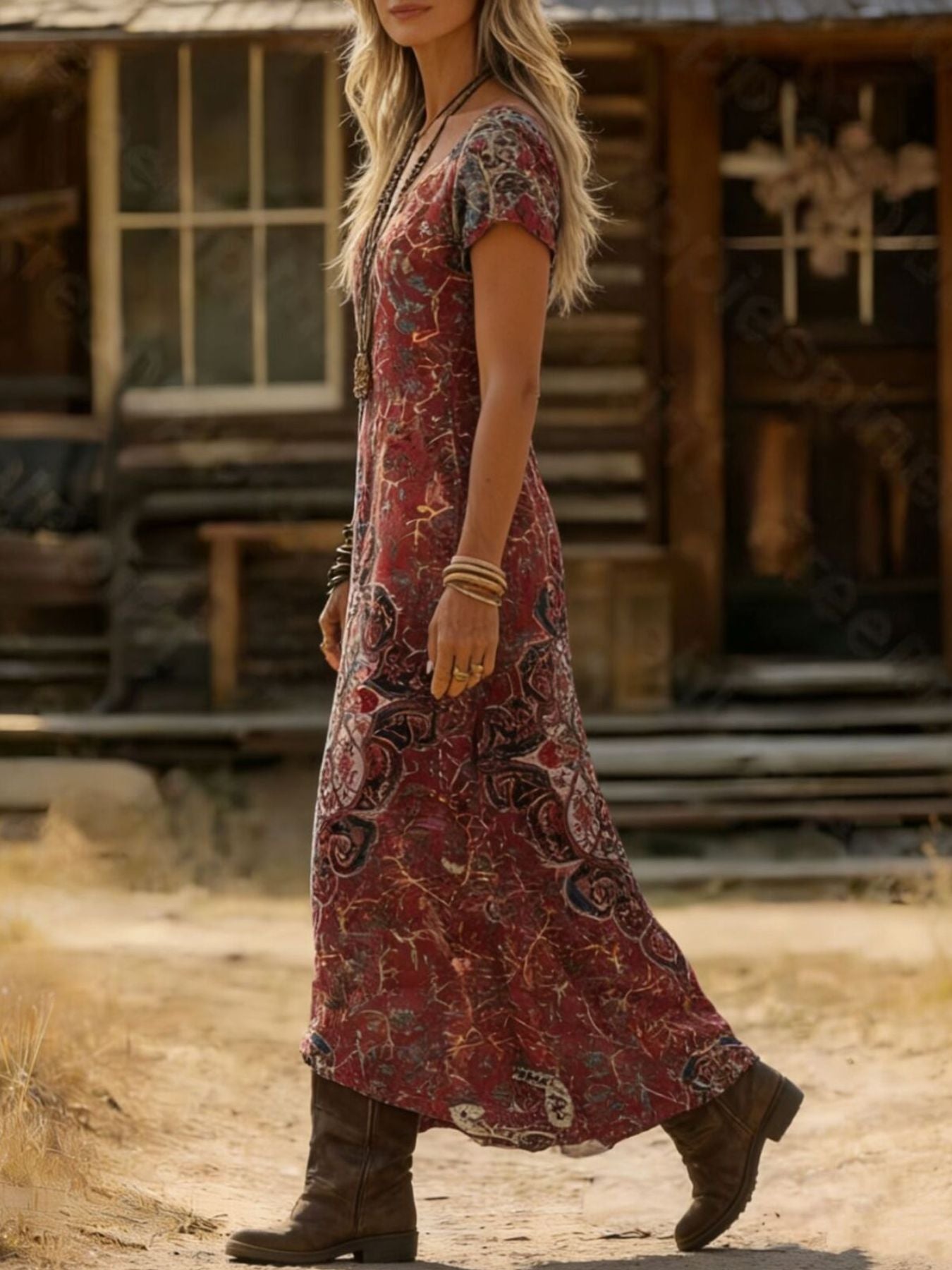 knee length dresses for ladies Boho Gypsy Short Sleeve Midi Dress