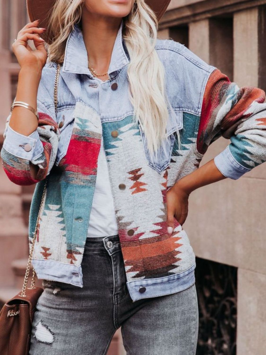 Westward Aztec Long Sleeve Denim Jacket