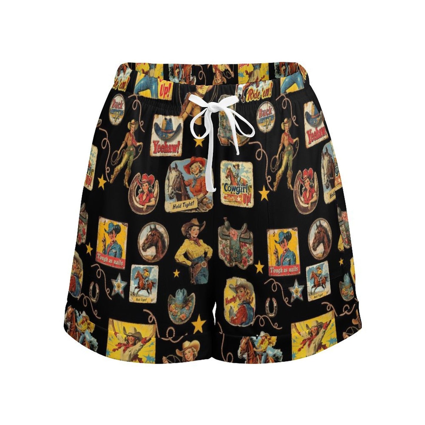 Vintage Cowgirl Collage Western Drawstring Shorts