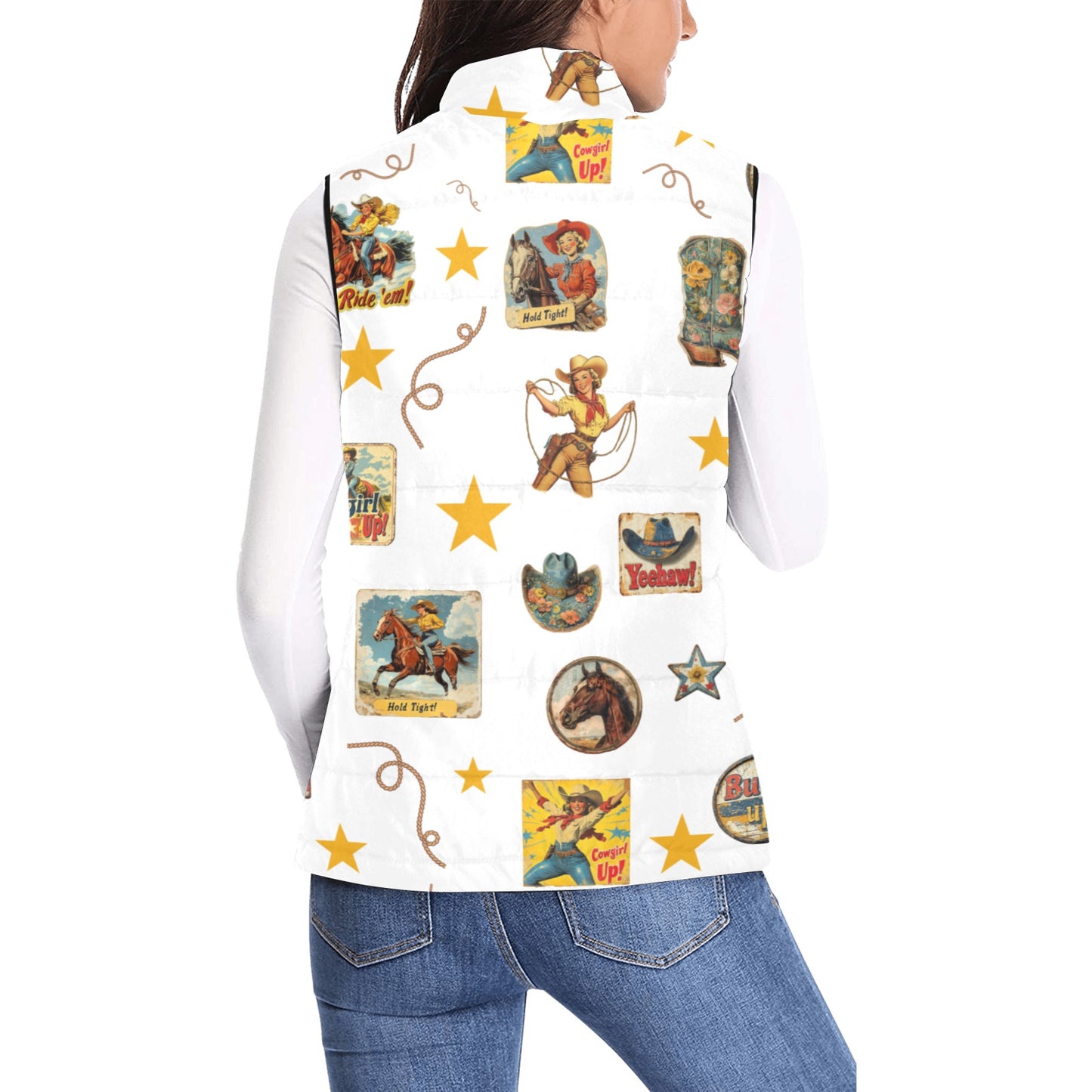 Vintage Cowgirl Collage Puffy Vest
