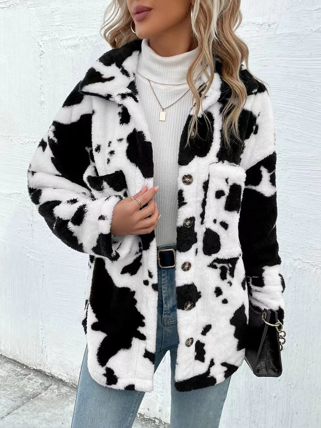 Cow Print Button Up Fuzzy Jacket choice of colors