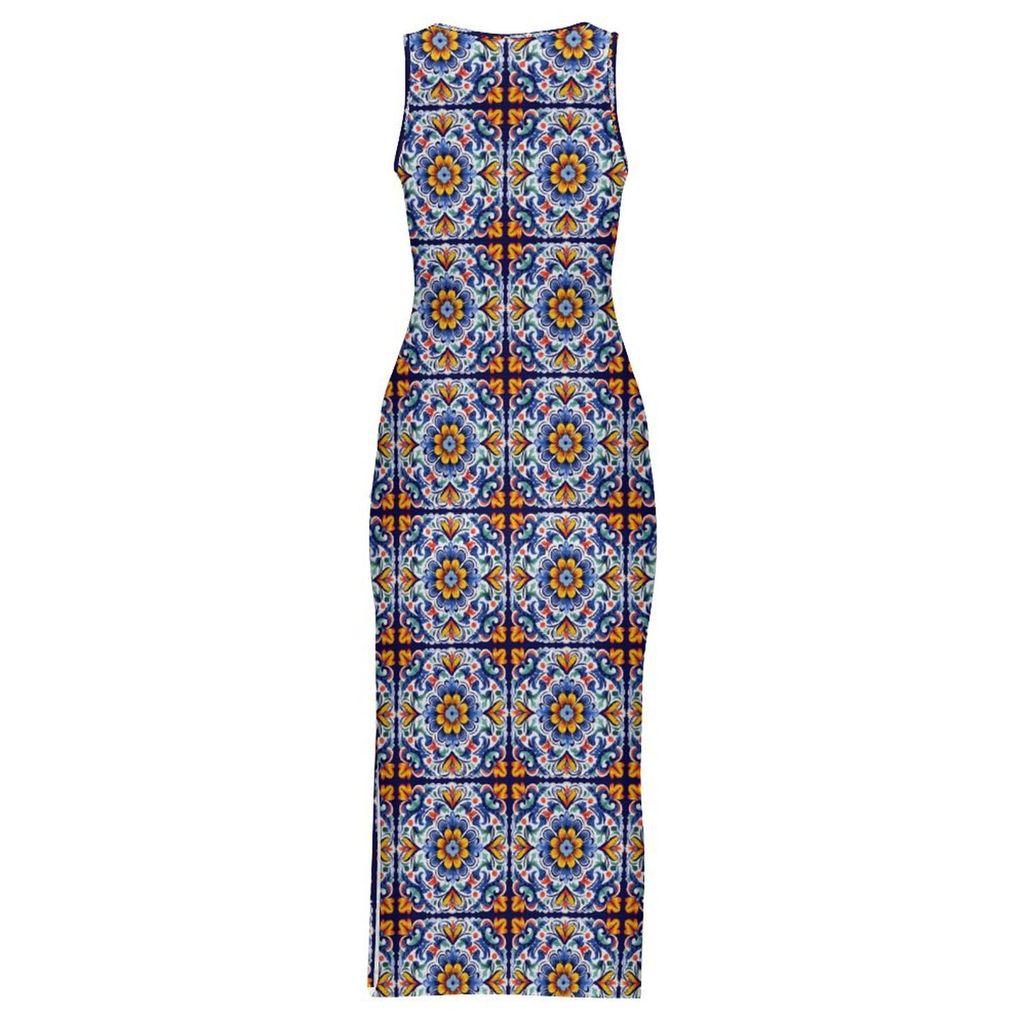 Colores de Mexico Talavera Sleeveless Bodycon Side Slit Long Dress