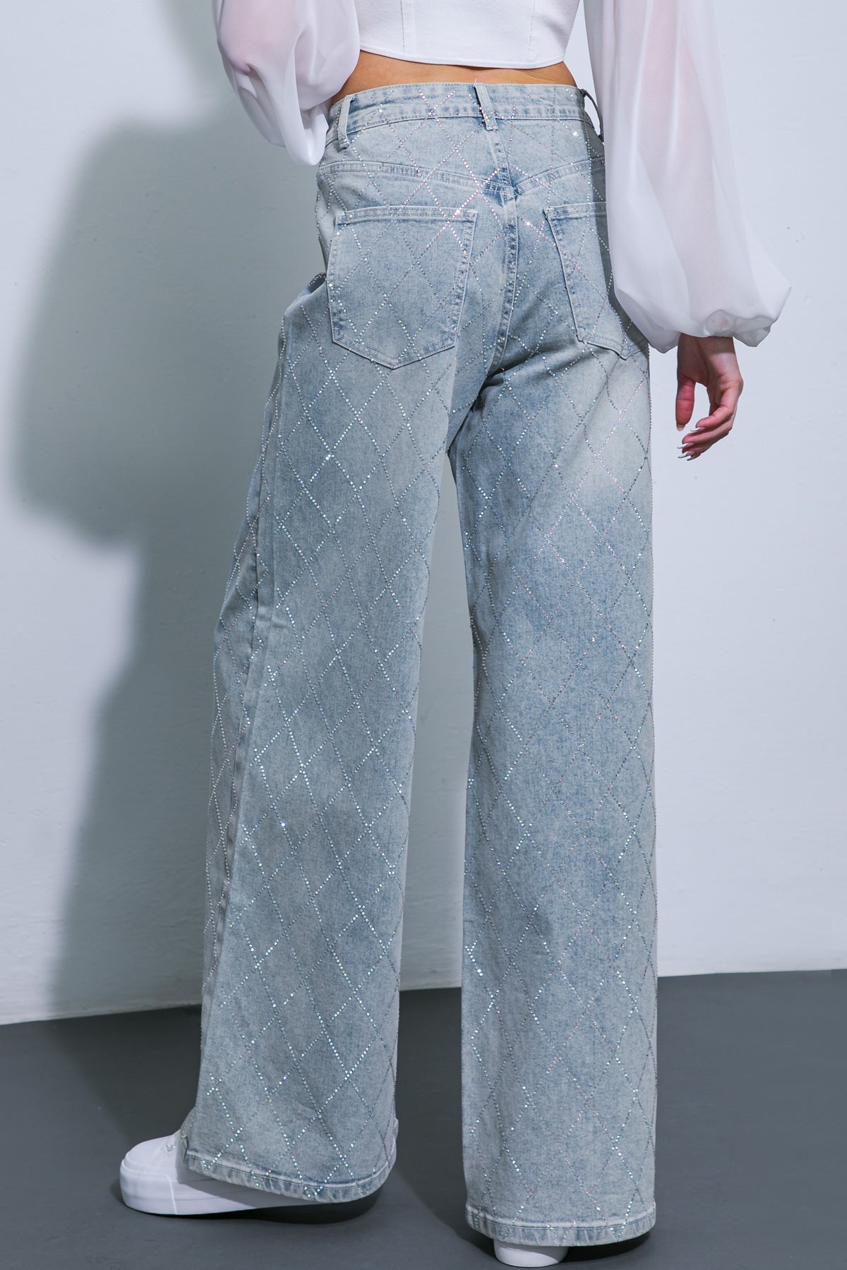 Oh So Lovely Wide Leg Washed Denim with Rhinestones