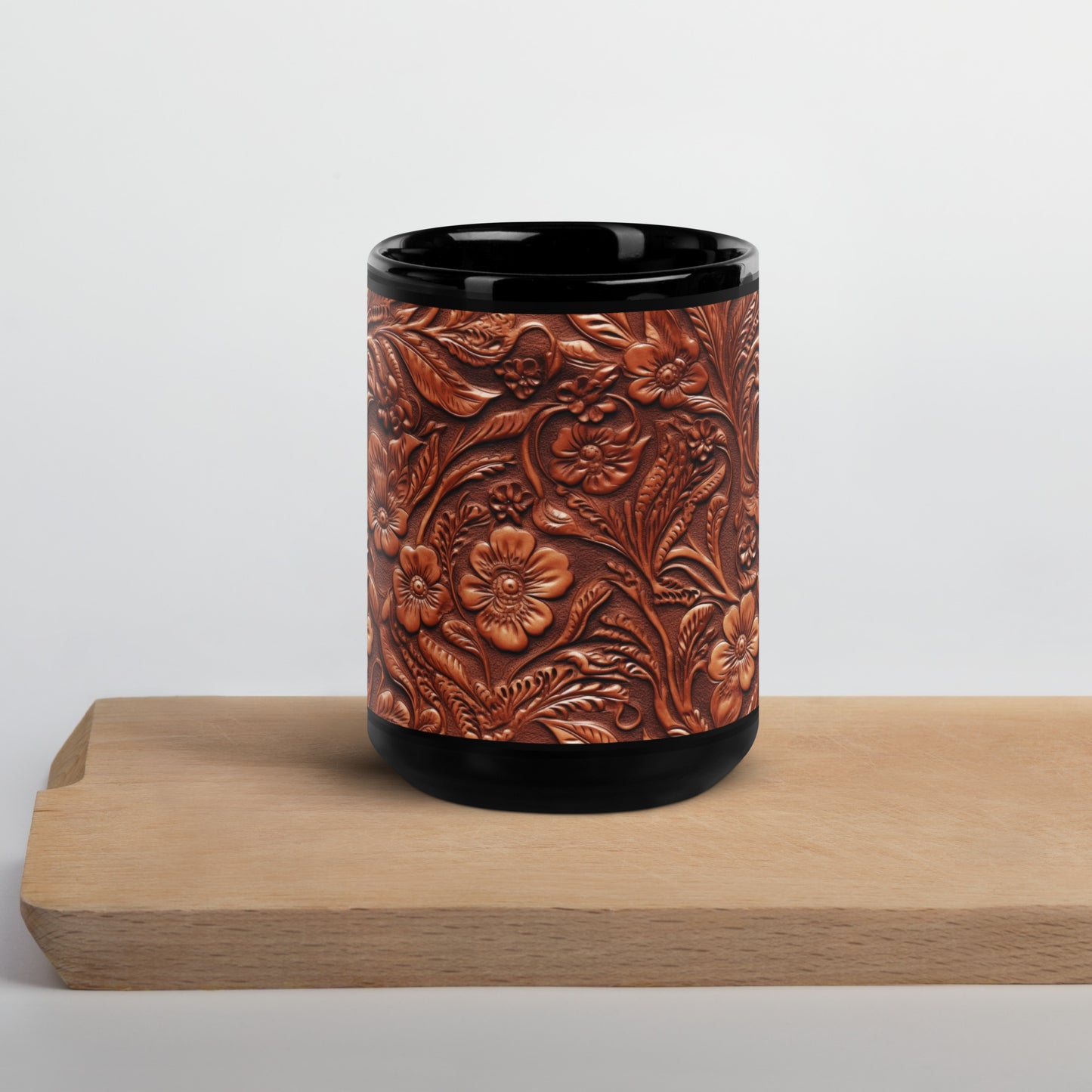 Leather Floral Print Black Glossy Mug