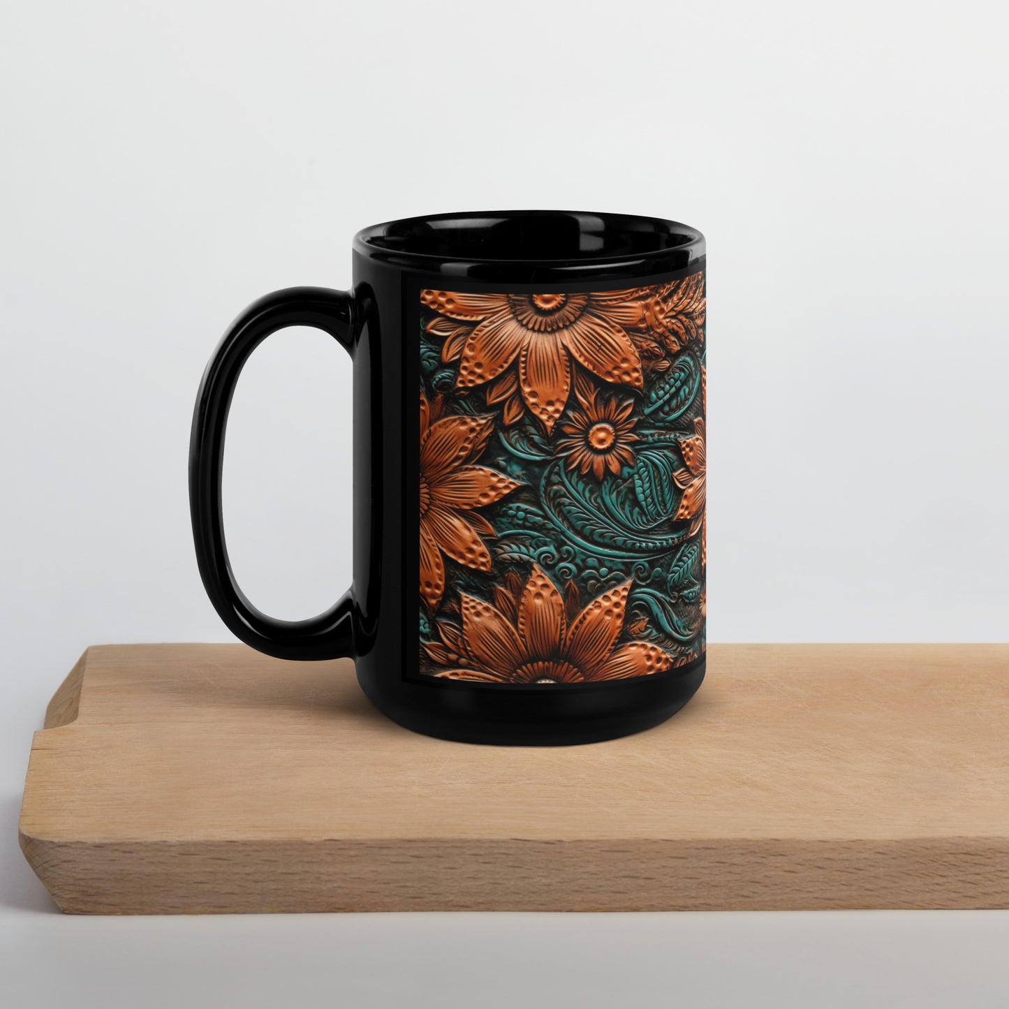 Turquoise Leather Floral Black Glossy Mug