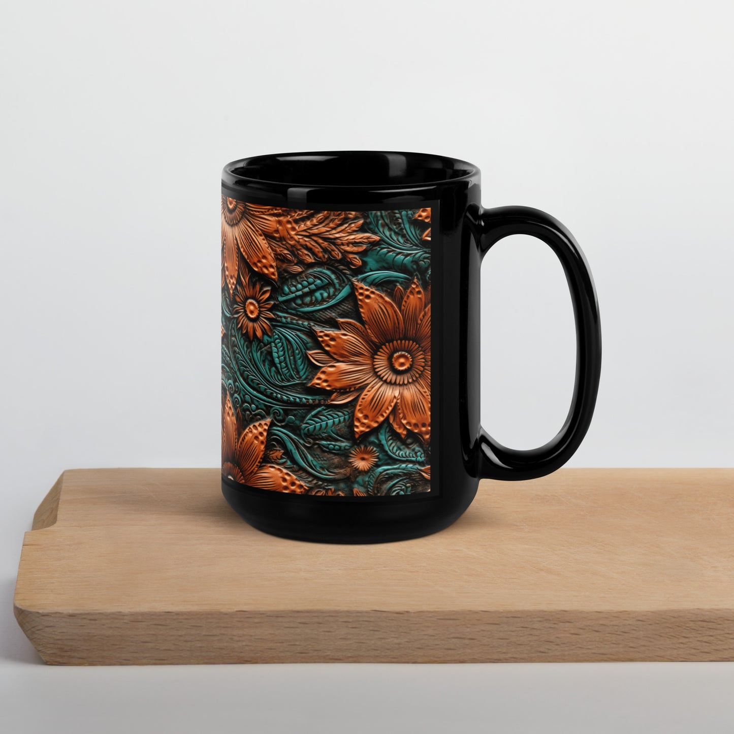 Turquoise Leather Floral Black Glossy Mug