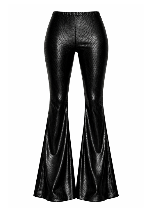 Black Faux Leather Snake Bell Bottoms Flare Pants Made in America