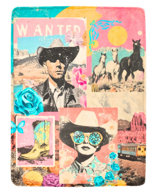Pop Western Collage Throw Blanket Ultra-Soft Micro Fleece Blanket 60" x 80" Made in America