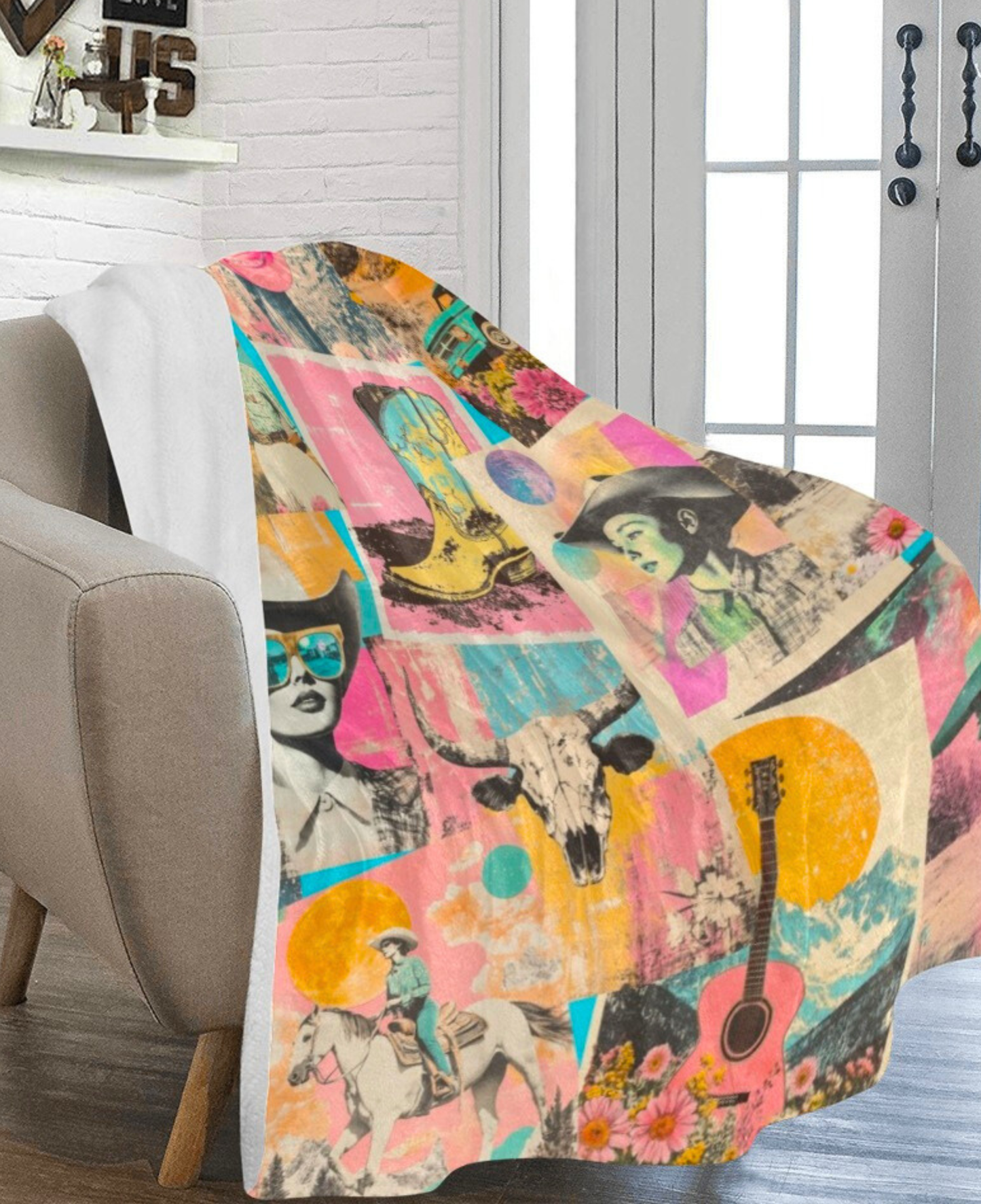 Pop Western Retro Cowgirl Collage Throw Blanket 60" x 80" Made in America