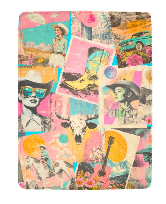 Pop Western Retro Cowgirl Collage Throw Blanket 60" x 80" Made in America Ultra-Soft Micro Fleece Blanket 60" x 80"(Made in USA)