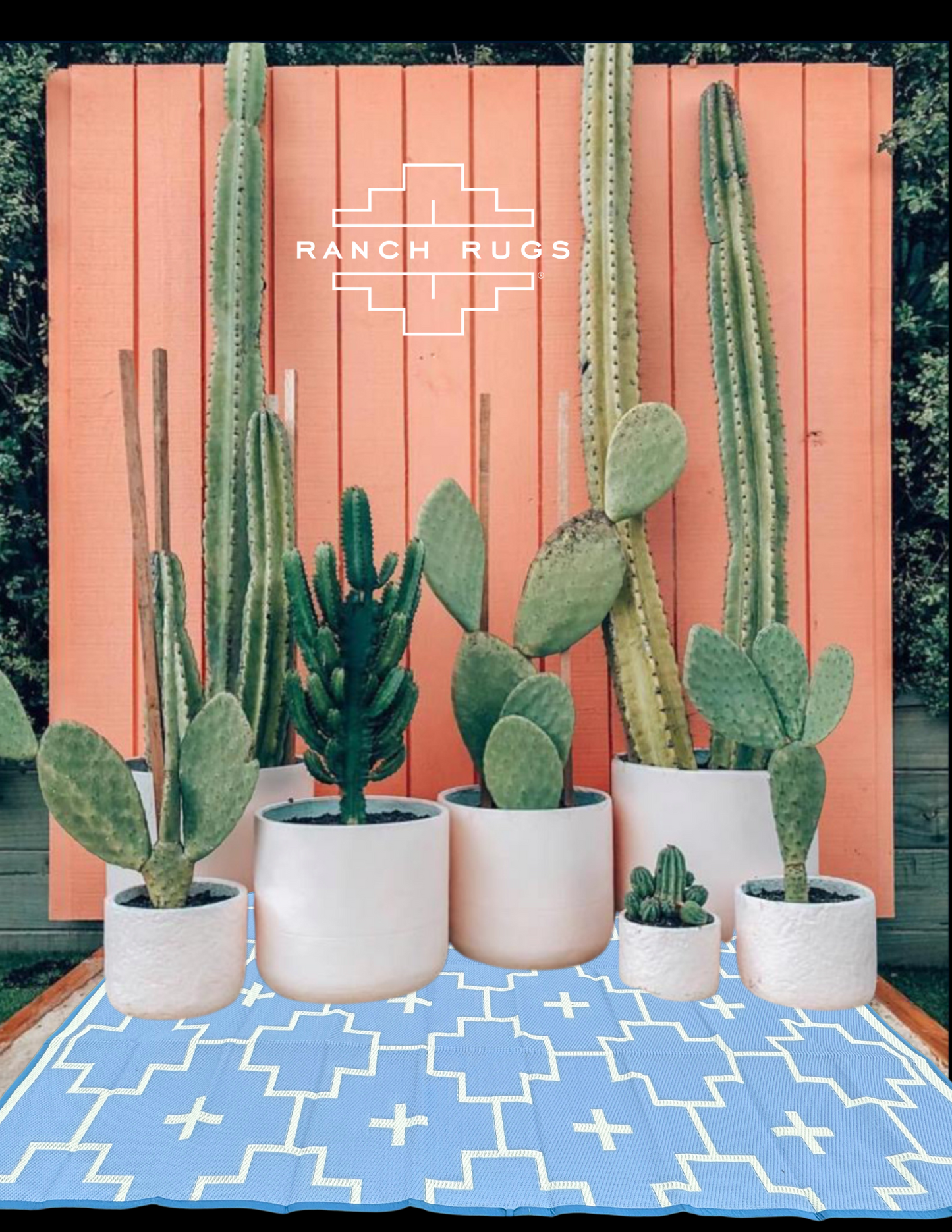 BLUE + IVORY - 6ft x 9ft - RANCH RUGS  -LAJITAS DESIGN- Aztec Outdoor Floor Covering