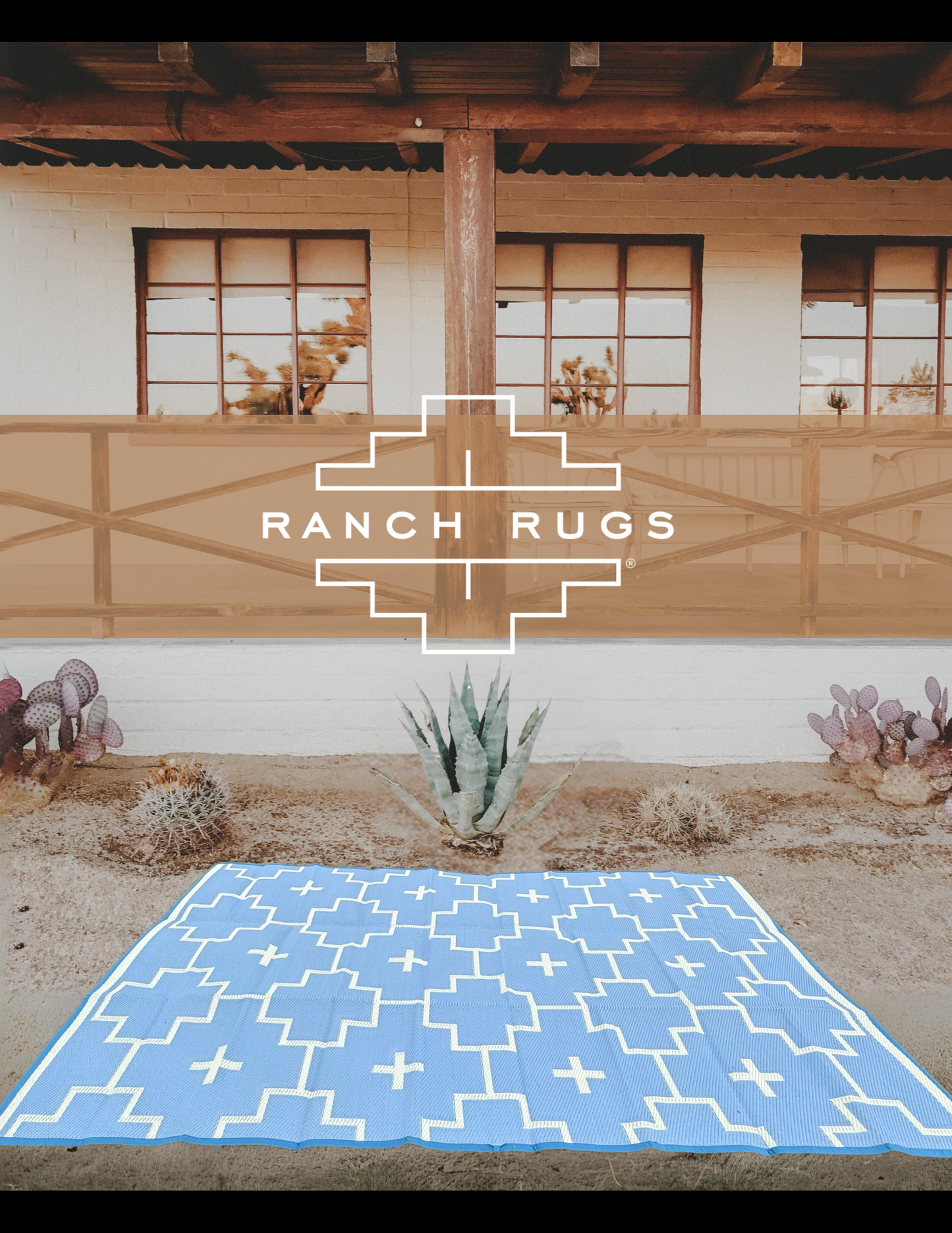 BLUE + IVORY - 6ft x 9ft - RANCH RUGS  -LAJITAS DESIGN- Aztec Outdoor Floor Covering