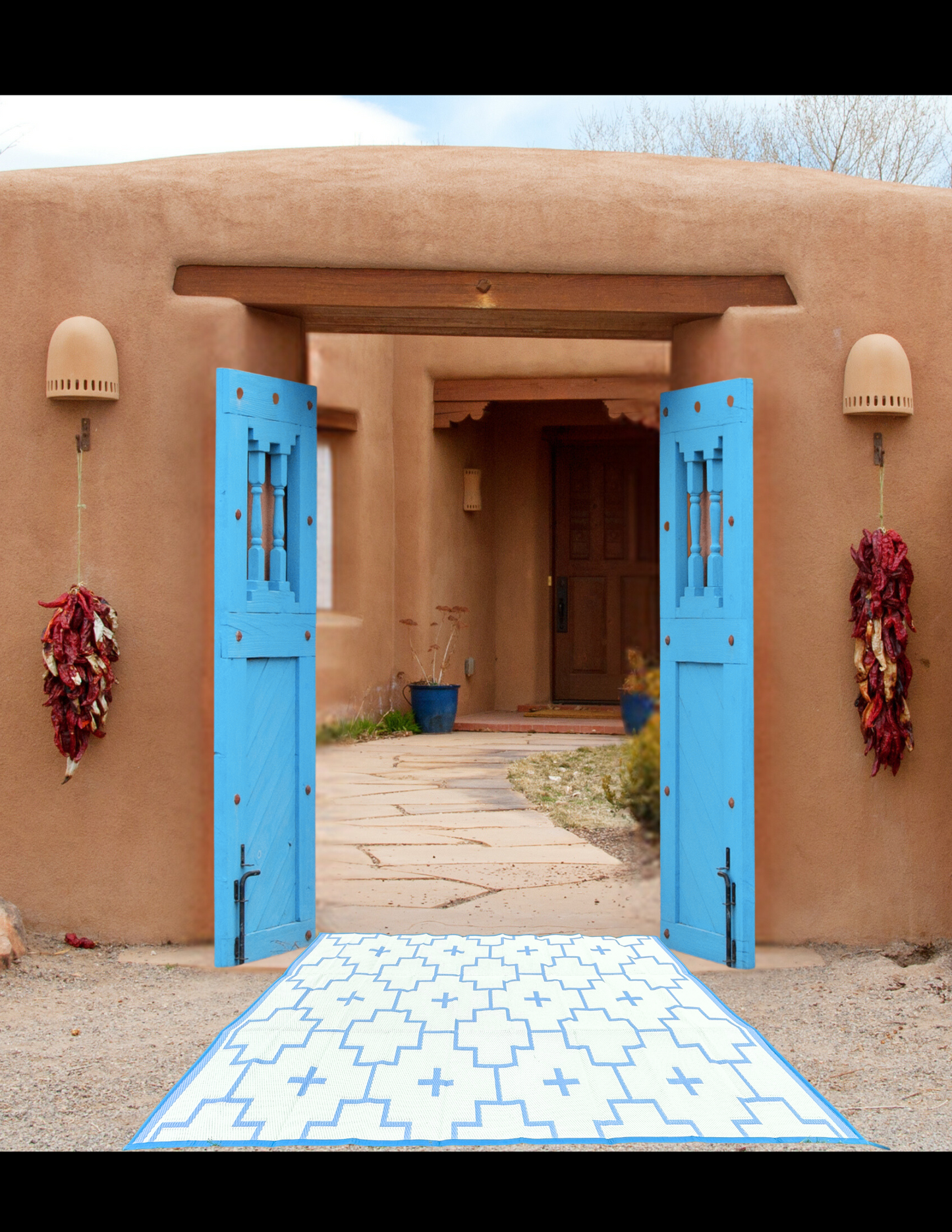 BLUE + IVORY - 6ft x 9ft - RANCH RUGS  -LAJITAS DESIGN- Aztec Outdoor Floor Covering